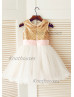 Gold Sequin Ivory Tulle With Pink Flower Sash Knee Length Flower Girl Dress